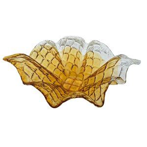 Gold Amber Art Glass Feathered Console Bowl Centerpiece 14" X 19.75"